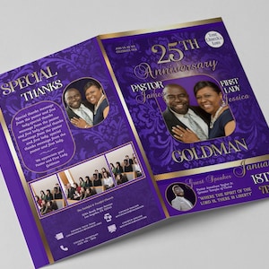 CORJL Church / Pastoral Anniversary Program Template | Editable | Vintage Royal Dark Purple Gold | Sizes: 11x8.5 & 11X17 | 4 Page | 1 Sheet