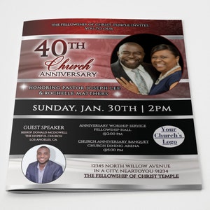 CORJL Pastor Anniversary Program and Flyer Template | Editable in Corjl | Royal Red Silver | 2 Sizes: 17x11 & 11x8.5 | 8 pages | C100