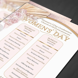 May include: A pink and gold program for a Women's Day conference. The program lists the schedule for Saturday and Sunday, including worship services, scripture readings, and speaker introductions.