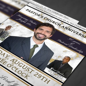 May include: A church anniversary invitation with a marble background and gold accents. The invitation features a photo of a pastor and the text "Pastor's Church Anniversary 30 years of Pastoral Leadership".
