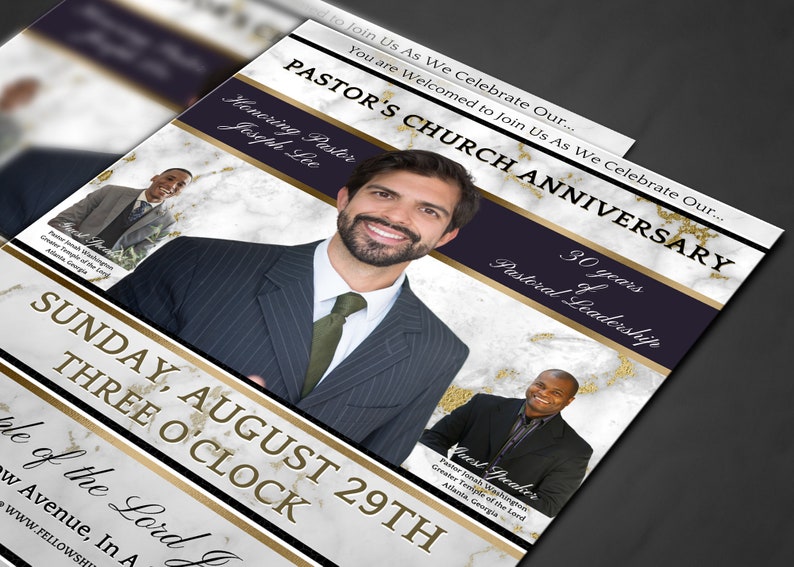May include: A church anniversary invitation with a marble background and gold accents. The invitation features a photo of a pastor and the text "Pastor's Church Anniversary 30 years of Pastoral Leadership".