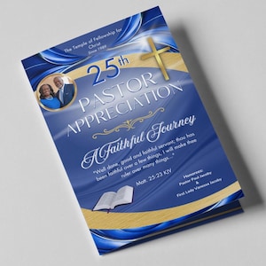 CANVA Church Program Template | Blue Gold | Size: 11x8.5 | 4 page Bifold | Editable Colors | Pastor Appreciation Program Template Bifold
