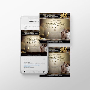 May include: A smartphone displays an Instagram post with a church event flyer. The flyer is gold and black, advertising a New Year's Eve Watch Night Service. The post has a caption and a like count.