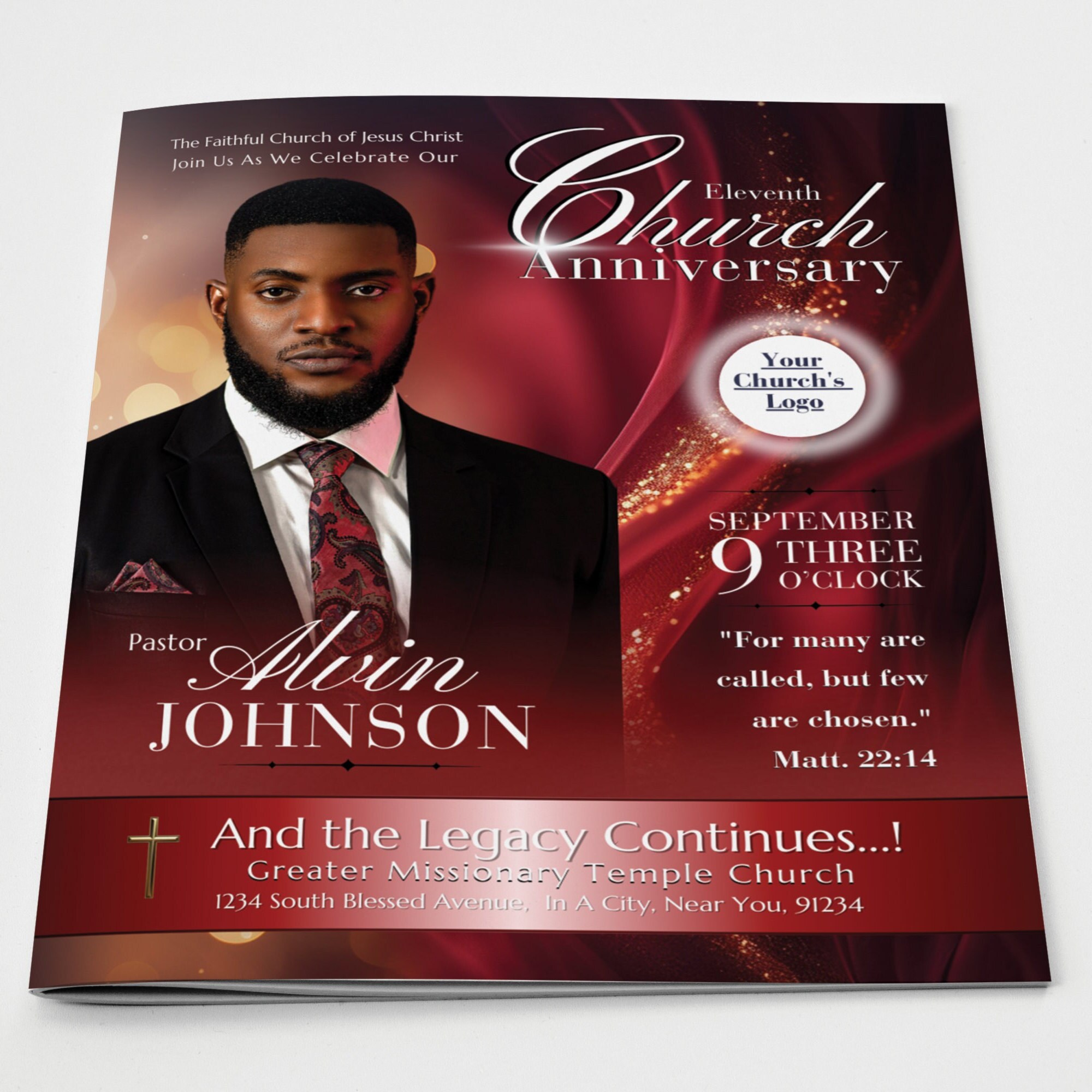 CANVA Church Anniversary Program Template | Great Red | Size: 17x11 / Folds to 8.5.x11 | 8 page Booklet | Pastor Program Black Red A500-2