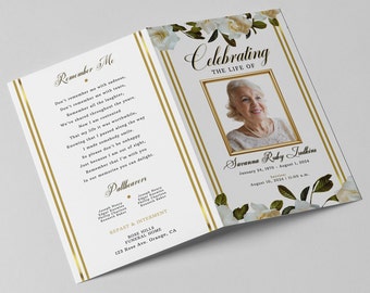 CORJL Floral Obituary Template | White & Gold | Editable in Corjl | 2 Sizes: 17x11, 11x8.5 | Obituary Floral Template | 4pg | T300