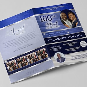 CORJL Pastor Appreciation Program Template | Church Anniversary | Editable | Royal Blue Silver | Size: 11x8.5, Fold 8.5x5.5 | 4 Page