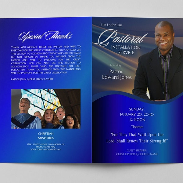 CANVA Pastoral Installation Service Brochure | Blue Service Program | Pastor Inauguration Church Install | 11x8.5 Fold 8.5x5.5