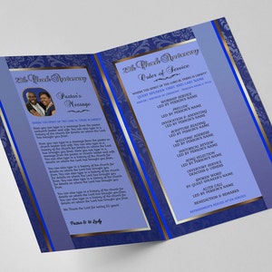 CORJL Church / Pastoral Anniversary Program Template | Editable in Corjl | Vintage Royal Blue Gold | Size: 11x8.5 | 4 Pages | 1 Sheet