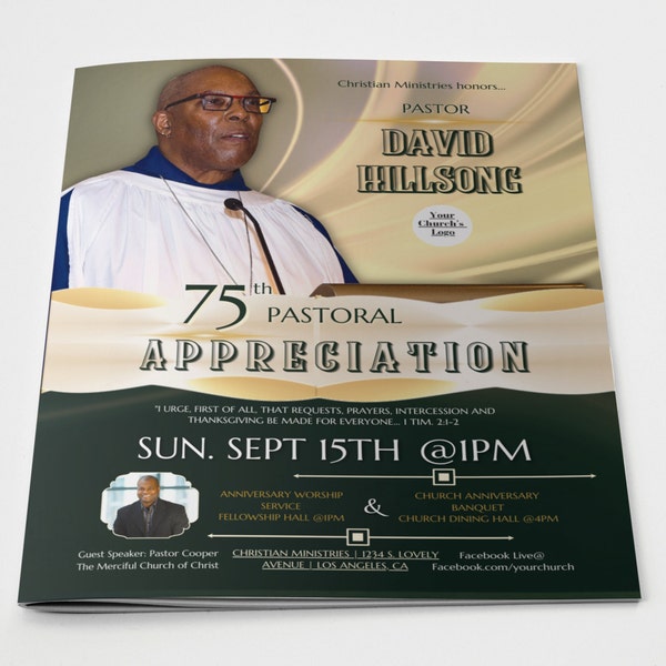 CANVA Church Anniversary Pastor Appreciation Program Enriched Ivory Gold & Green | Canva Template | Size: 17x11, 11x8.5 | One Sheet Bifold