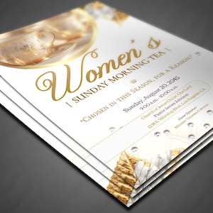 May include: A stack of invitations for a Women's Sunday Morning Tea event. The design features gold script and accents on a white background, with a teacup illustration. Details include the date, time, and location.