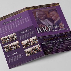 CORJL Church Anniversary Program Template | Editable Pages in Corjl | Rich Purple Gold | 2 Sizes: 11x17 and 11x8.5 | 4 Page