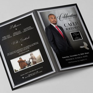 May include: Black and white funeral program with a photo of a man in a suit and tie. The program includes the name Caleb Johnson, the dates of his birth and death, and the date and time of his memorial service. The program also includes a photo of a family and the text "With Gratitude".