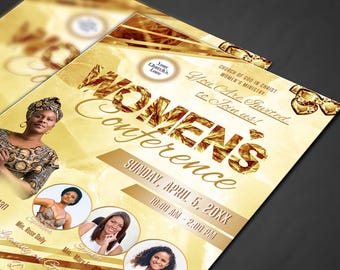 May include: A gold and white flyer with the text "Women's Conference" and the date "Sunday, April 5, 20XX". The flyer also includes the time "10:00 AM - 2:00 PM" and the text "You Are Invited to Join Us!"