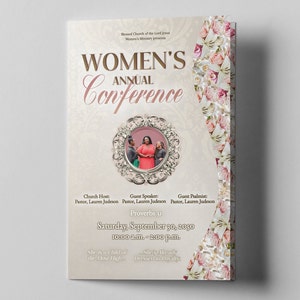 May include: A flyer for a Women's Annual Conference at Blessed Church of the Lord Jesus. The flyer features a floral design, a photo of three women, and the text "Women's Annual Conference" in a decorative font. The event is scheduled for Saturday, September 30, 2050, from 10:00 a.m. to 2:00 p.m.