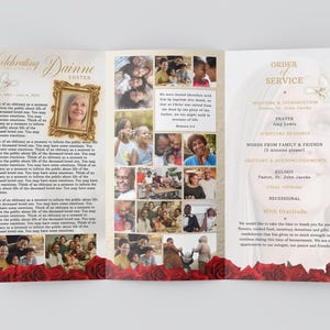 May include: A tri-fold funeral program with a white background and gold accents. The front cover features a photo of the deceased and the words "Celebrating Dainne Foster". The inside pages include a photo collage, the order of service, and a message of gratitude. The back cover features a photo of the deceased and a floral design.
