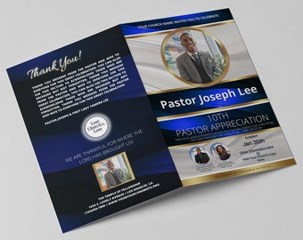 CANVA Pastor Appreciation Program | Editable Template | Evening Blue & Gold | Size: 11x8.5 | Bifold | Church Anniversary | 4 page | Z200 BL