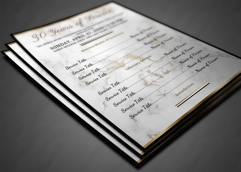 May include: A white and gold marble-patterned program for a 30-year anniversary celebration. The program includes the date, time, and names of the people participating in the service.