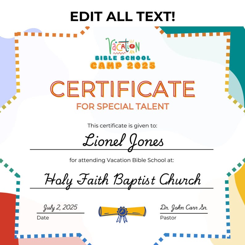 Vacation Bible School Ribbons For Graduation Vacation Bible School Certificate Template | Canva Editable (digital ...