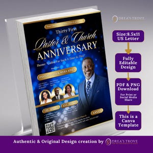 Può includere: Un volantino per l'anniversario della chiesa, con un ritratto di un uomo sorridente in giacca e cravatta. Il design include il testo "Thirty First Pastor & Church Anniversary" e "Called For Such A Time As This!". Il volantino misura 21,59 x 27,94 cm.