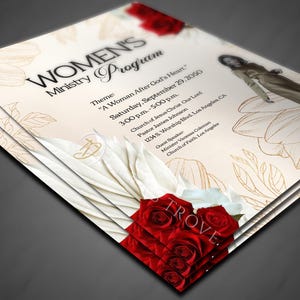 May include: A stack of programs for a Women's Ministry event. The program features the title "WOMEN'S Ministry Program" with the theme "A Woman After God's Heart." Red roses and floral designs adorn the cream-colored background.
