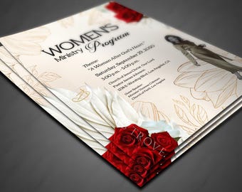 May include: A stack of programs for a Women's Ministry event. The program features the title "WOMEN'S Ministry Program" with the theme "A Woman After God's Heart." Red roses and floral designs adorn the cream-colored background.