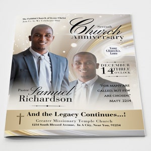 May include: A brochure for the Seventh Church Anniversary, featuring Pastor Samuel Richardson. The design includes a gold and white color scheme with the church's logo placeholder, event details, and a Bible verse. The brochure's text reads "And the Legacy Continues...!".