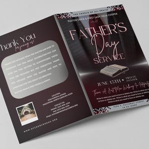 Peut inclure: Flyer pour la fête des pères avec un thème bordeaux et noir. Le flyer comprend le texte "Father's Day Service" dans une police décorative, ainsi que la date, l'heure et le thème. Un message de remerciement est également inclus.