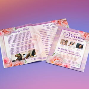 May include: A printed programme for a Women's Annual Retreat on 12th February, featuring pink rose illustrations, purple accents, and text including Ministry Vision and Order of Service. The booklet displays three small portraits of individuals.