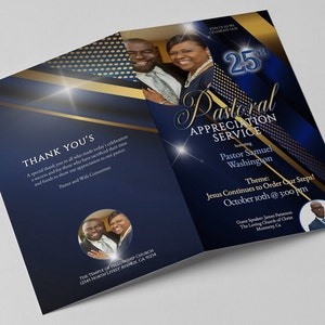 CORJL Pastor Appreciation Program Template | Editable | Dark Blue Gold | Size: 11x8.5 /folds to 8.5x5.5 | Pastoral Anniversary Event L100