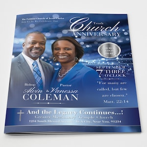 May include: A blue and silver invitation for a church anniversary. The invitation features a photo of a couple, the text "Church Anniversary", and the date "September 7 Three O'Clock".