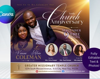 Church Anniversary Invitation | Canva | Purple Gold