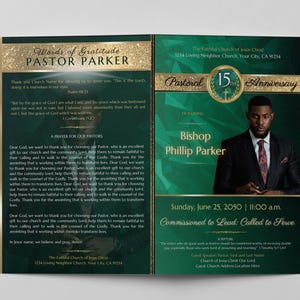 CANVA Church Anniversary Program | Editable Template | Green & Gold | 2 Sizes: 11x8.5 and 17x11 | Bifold | 4 page | Pastor Appreciation
