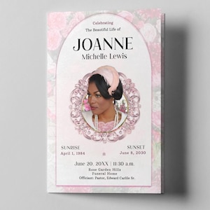 Floral Obituary Template | Funeral Program | Pink White Beauty | Editable in Corjl | Sizes: 11x8.5 | Obituary | 4 page | B1000