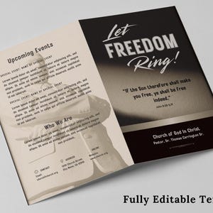 Puede incluir: Un folleto en tonos sepia con el texto "Let Freedom Ring!" y una cita de Juan 8:36. El folleto también incluye secciones para próximos eventos e información sobre la Iglesia de Dios en Cristo.