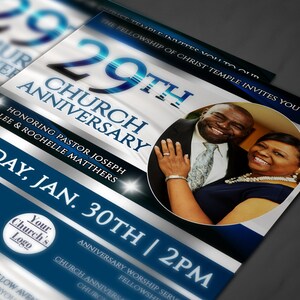 May include: A flyer announcing a 29th Church Anniversary, honoring Pastor Joseph Lee & Rochelle Matters. The event will be held on Sunday, January 30th at 2 PM. The flyer features a photo of the couple in a blue and silver color scheme.
