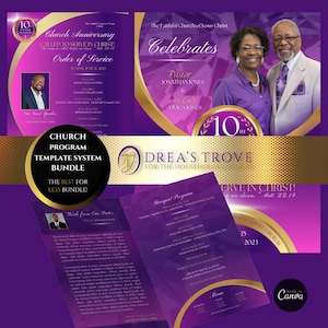 CANVA Church Anniversary Bundle | Program and Flyer | Fuchsia & Purple | Canva Template | Editable Color Guide