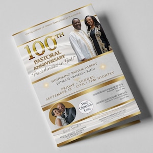 CORJL Church Anniversary Program Template | Pastor Anniversary | Editable Satin White Gold Design | Size 11x8.5 folds to 8.5x5.5 | 4 Pages