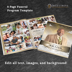 Puede incluir: Una plantilla de programa de funeral de 8 páginas con un esquema de color dorado y blanco. La portada presenta un collage de fotos de una familia y el texto "Celebrando la vida de William M.". Las páginas interiores incluyen espacio para fotos, una biografía y un orden de servicio.