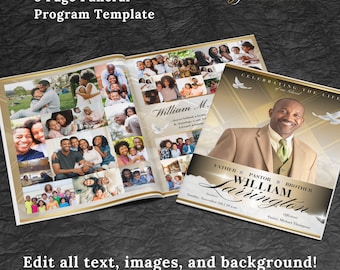 Puede incluir: Una plantilla de programa de funeral de 8 páginas con un esquema de color dorado y blanco. La portada presenta un collage de fotos de una familia y el texto "Celebrando la vida de William M.". Las páginas interiores incluyen espacio para fotos, una biografía y un orden de servicio.