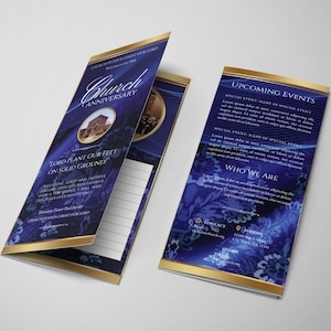 CANVA Blue Church Program | Trifold Brochure Template | Editable Download | Ribboned Blue Church Program Bulletin | Size: 11x8.5 |
