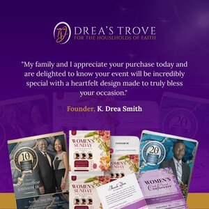 May include: A promotional image for Drea's Trove, featuring various event design examples. The image includes invitations, flyers, and cards with floral and event-themed designs. Text includes "Women's Sunday Conference" and "Church Anniversary".