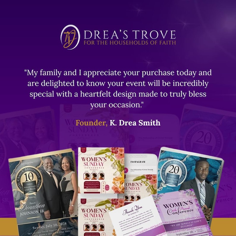 May include: A promotional image for Drea's Trove, featuring various event design examples. The image includes invitations, flyers, and cards with floral and event-themed designs. Text includes "Women's Sunday Conference" and "Church Anniversary".