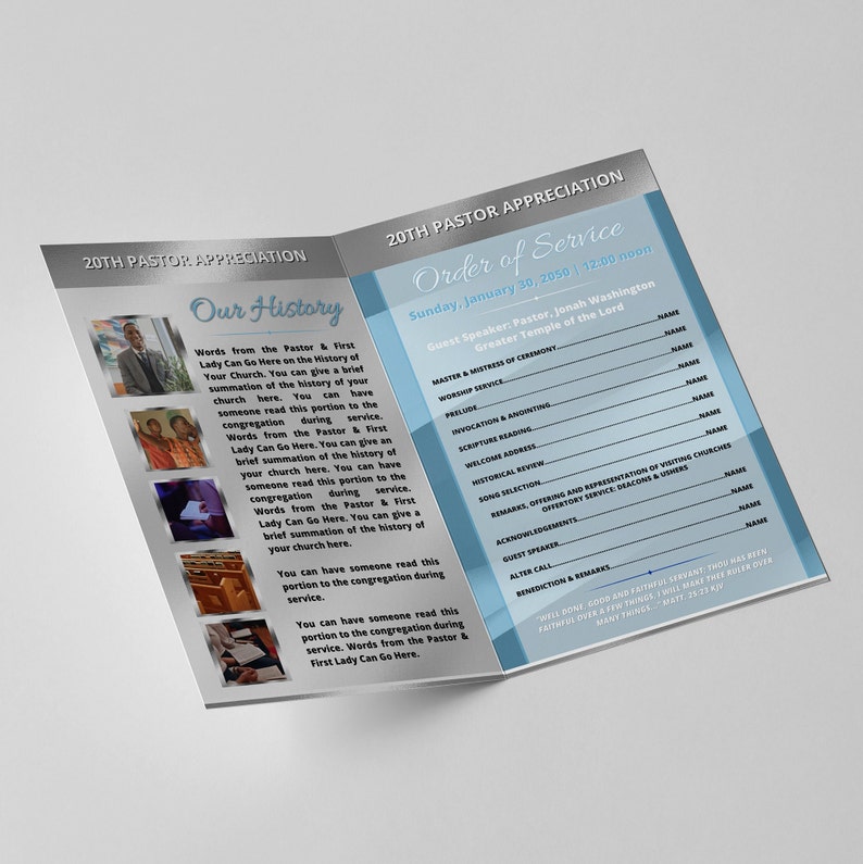 Pastor Appreciation Program Template | Light Blue & Silver (canva ...