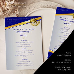CORJL Church Menu Plate Card | Editable Banquet Gala Menu Card | Sizes: 5x7, 4x9 | Blue White Gold Template | Anniversary Ministry Event