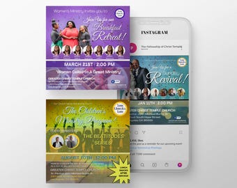 May include: A flyer for a church event titled "The Children's Ministry Program!" with the text "The Beatitudes Series!" and "August 10th, 12:00 PM" in yellow and black text. The flyer also includes the church's name, address, and website.