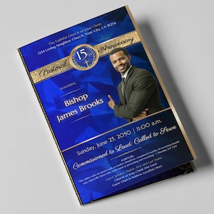 CANVA Church Anniversary Program Template - Editable in Canva | 2 Sizes: 11x8.5 , 17x11 (4 page) 1 sheet | Crystal Blue & Gold