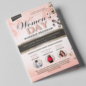 May include: A pink and gold flyer for a Women's Day worship programme at the Church of Jesus Christ Women's Ministry. The flyer features the text "Women's Day" in a decorative font and the quote "She is more precious than rubies." The flyer also includes the date and time of the event, as well as the names of the guest speaker, pastor, and worship leader.