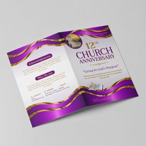 May include: A tri-fold brochure with a purple and gold wave design. The brochure celebrates a church's 12th anniversary, with text including "Church Anniversary" and "Living In God's Purpose."