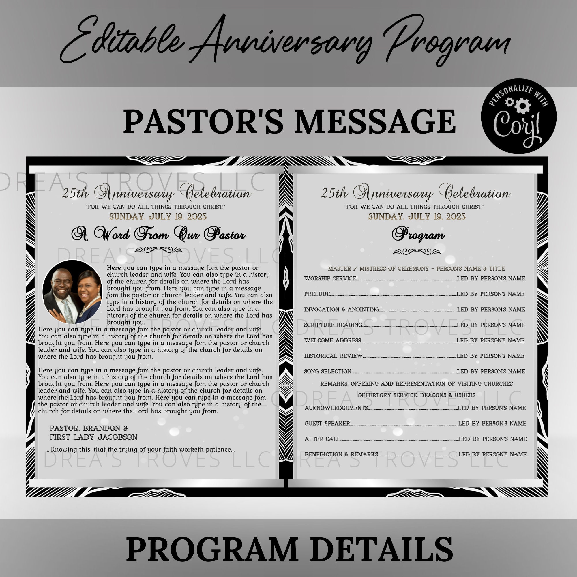 CORJL Church Anniversary Program Template | Pastor Appreciation | Editable | Timeless Silver Black | Size: 11x17-folded-8.5x11 | 8 Pages - Etsy corjl-church-anniversary-program-template-pastor-appreciation-editable-timeless-silver-black-size-11x17-folded-8-5x11-8-pages-etsy