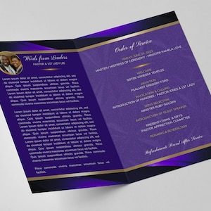 CANVA Church Anniversary Program | Editable Canva Template | Purple Joy and Gold | Size: 11x8.5 | Bifold | 4 page | Pastor Appreciation